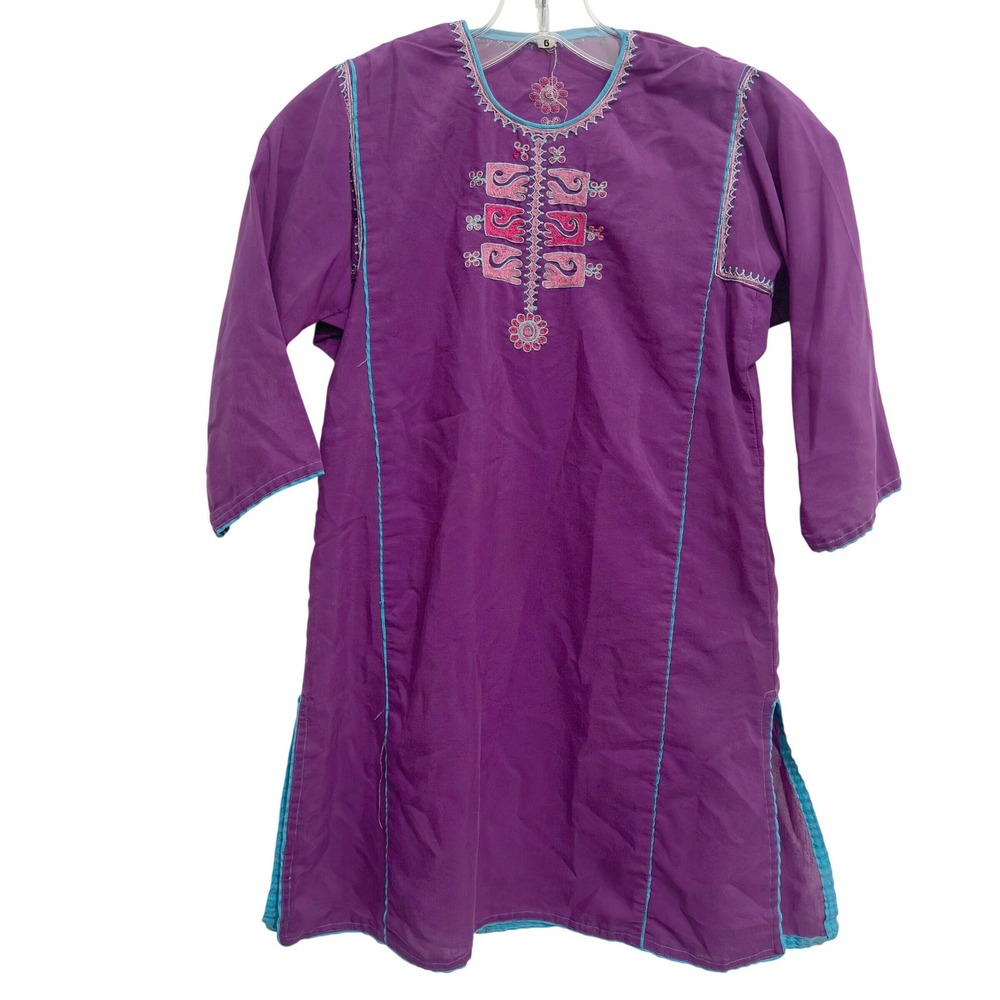 Vintage Kurta Tunic Top Purple Cotton Embroidered Boho Ethnic India Sz XS/S